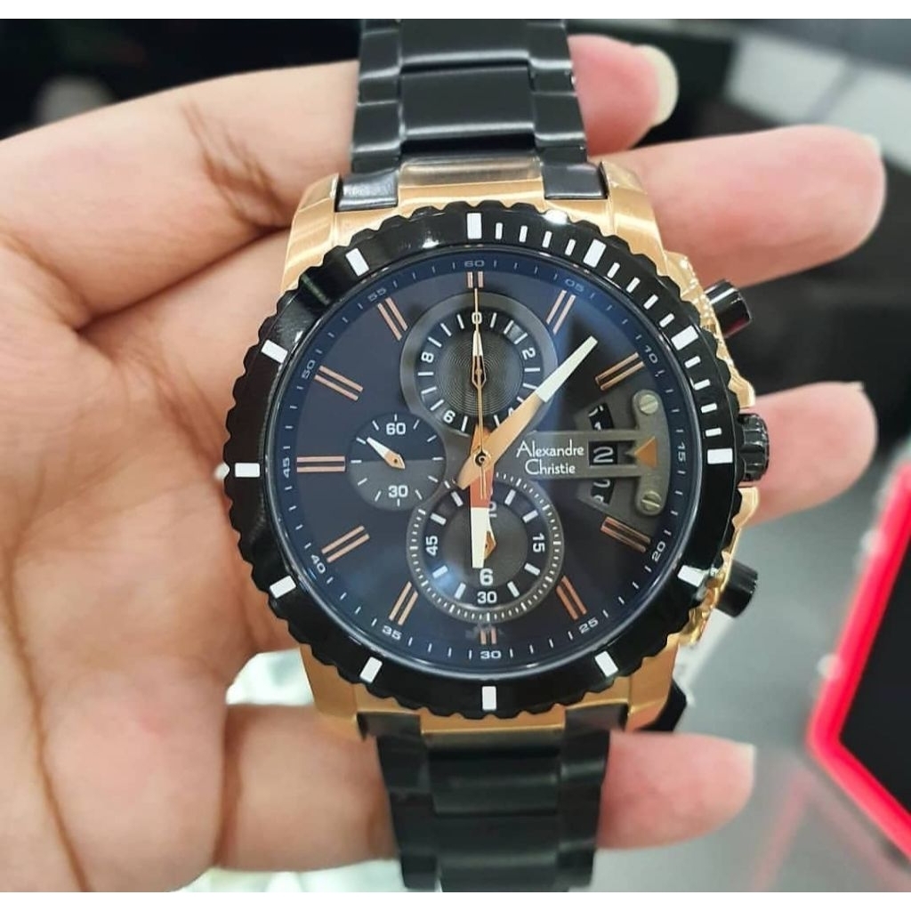 ORIGINAL GARANSI RESMI JAM TANGAN PRIA ALEXANDRE CHRISTIE BLACK ROSEGOLD RANTAI STAINLESS STEEL ARLO