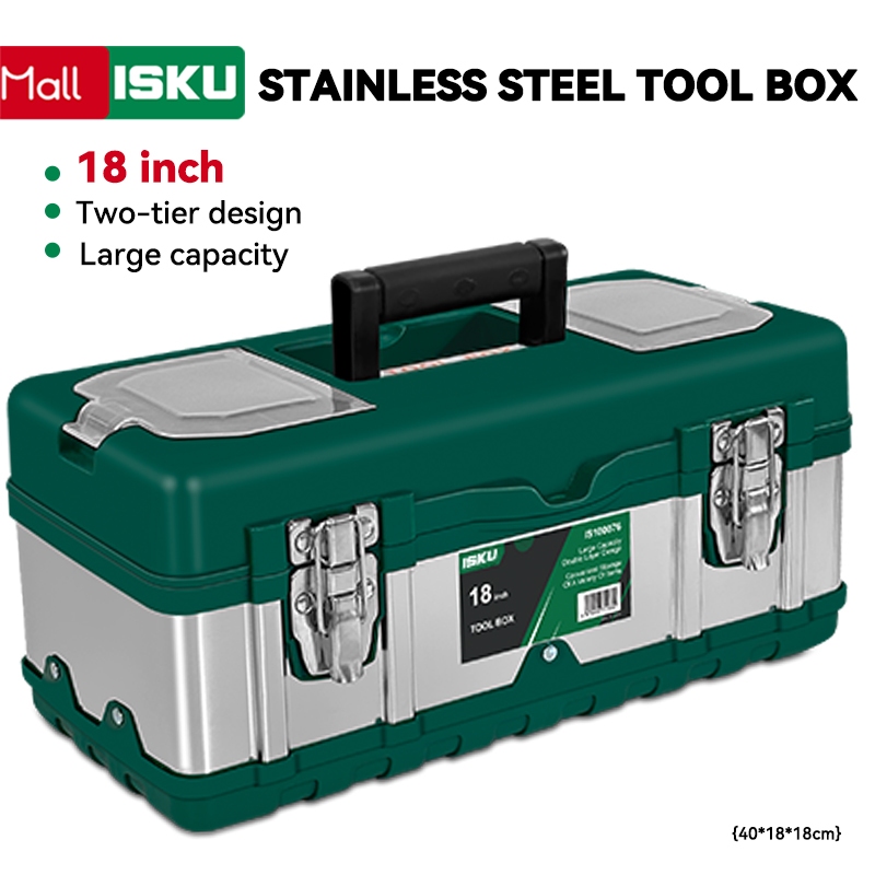 ISKU Tool Box Besar Stainless 18 Inch (40*18*18cm) Baja Kotak Perkakas Besi Baja Toolbox Stainless A