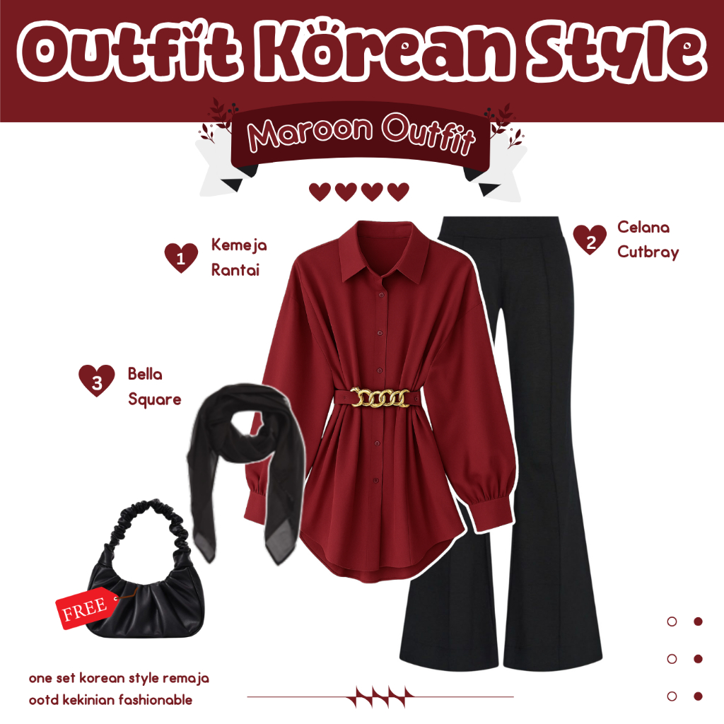 Outfit Wanita Kekinian ( Kemeja Rantai + Celana Cutbray +  Bella Square ) 1 Set Outfit Wanita LU 117