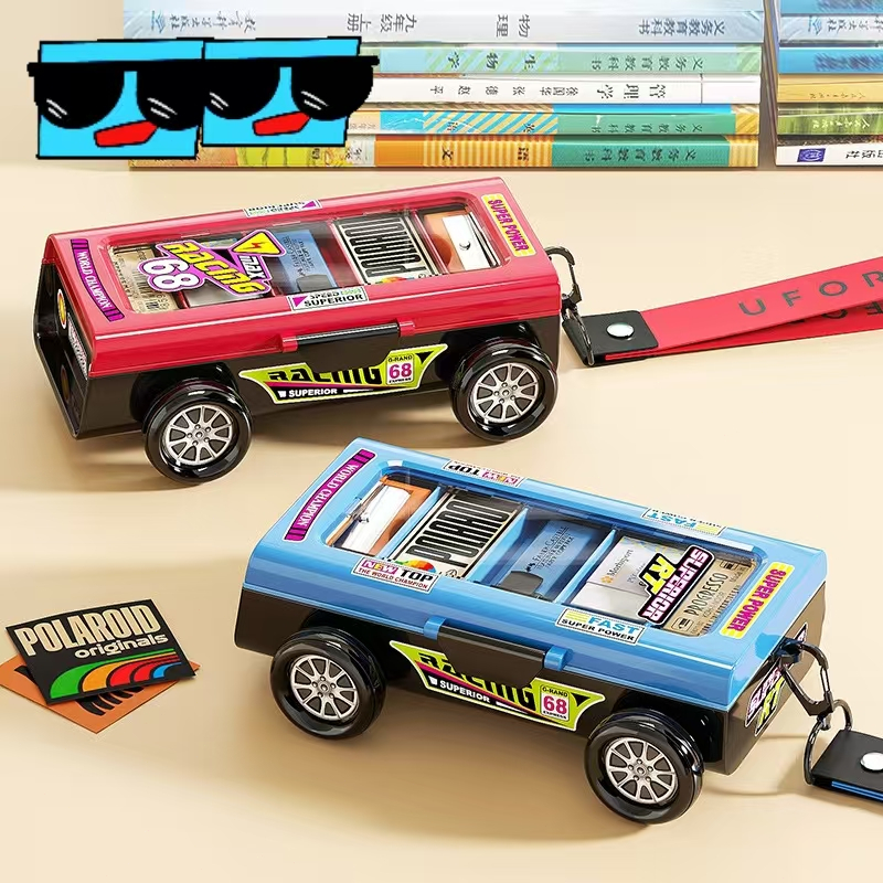 

Durable stationery box for elementary school students, double-layer racing pencil box for children, multifunctional storage box for learning supplies