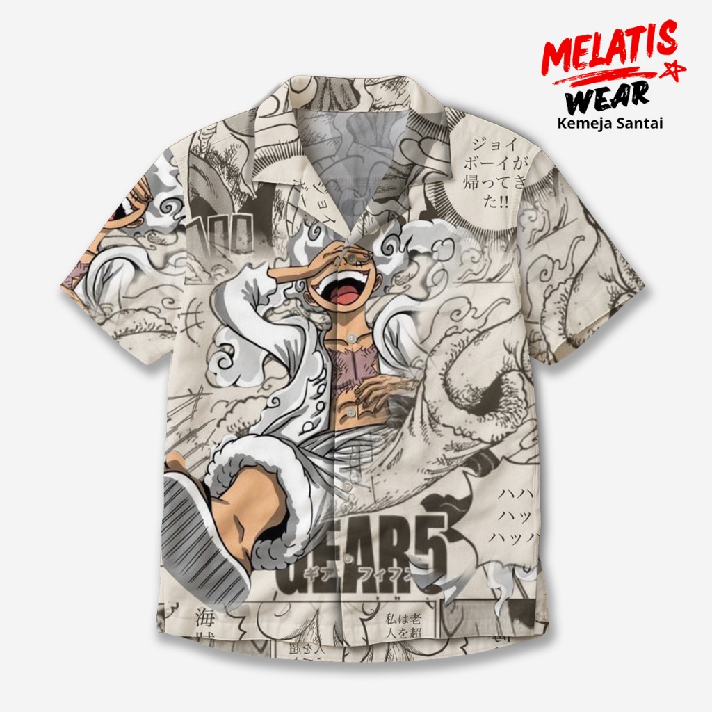 MELATIS WEAR Kemeja One Piece Monkey D Luffy Gear 5  Putih Hitam – Kemeja Unisex Anime Premium MW-82