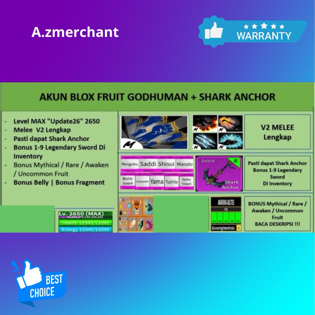Jual Akun Blox Fruit GODHUMAN + SHARK ANCHOR [Level MAX]