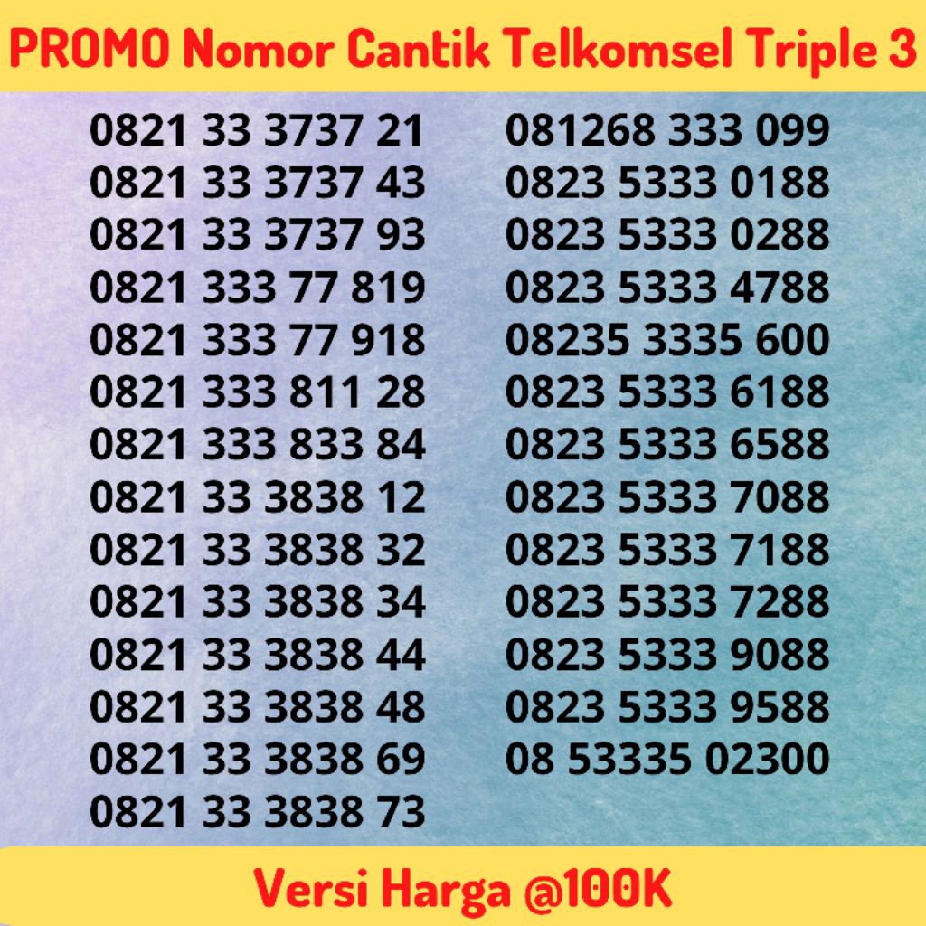 Nomor Cantik Telkomsel Seri Triple 3 / 333 Tengah LENGKAP Semua Varian
