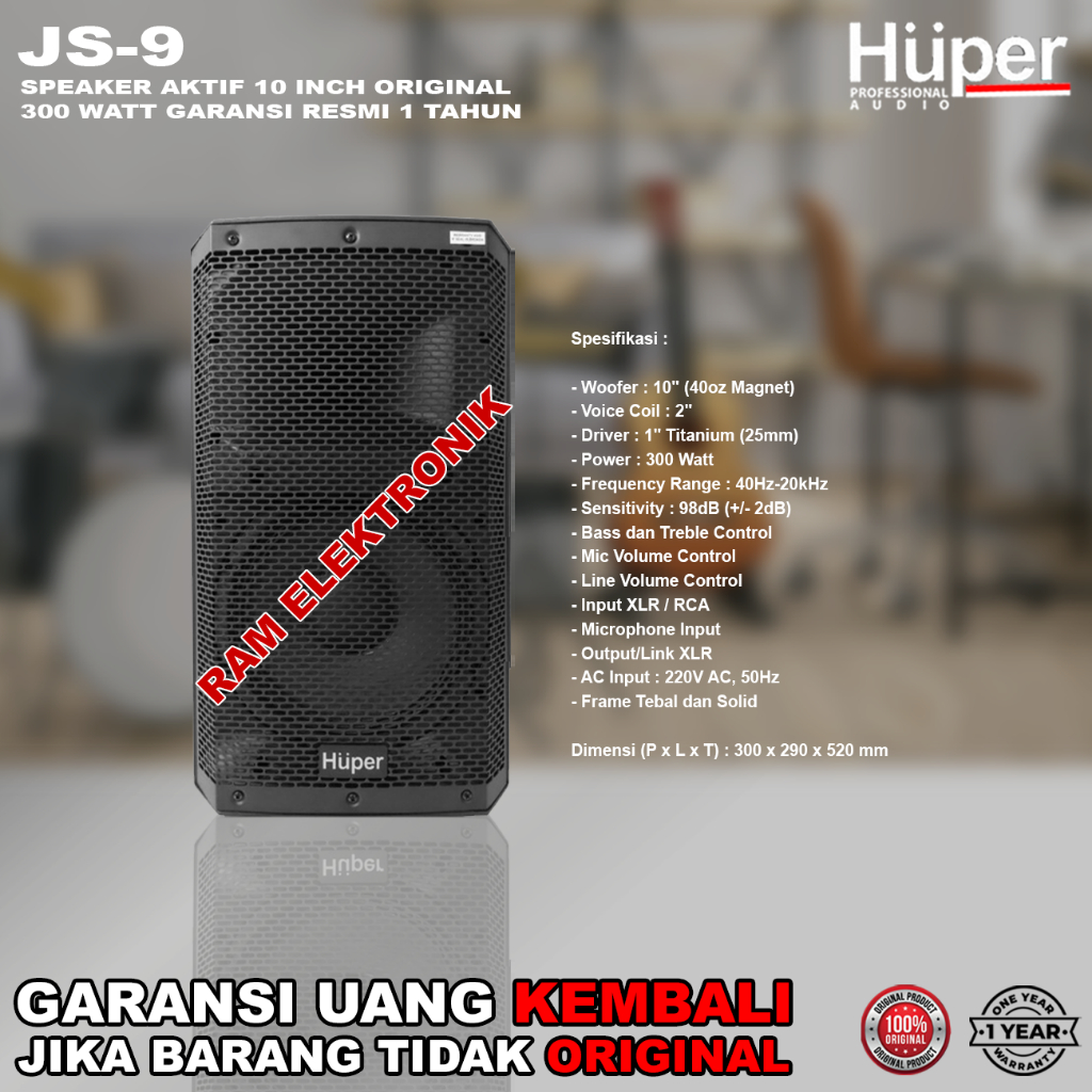Speaker Aktif 10 Inch HUPER JS9 | JS 9 Original 300 Watt Murni Harga 1 Unit