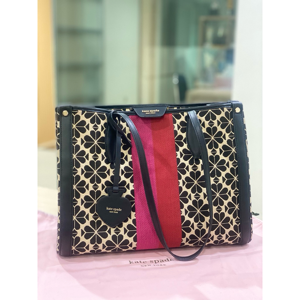 Kate Spade KS New York Flower Jacquard Stripe Market Red Multi Medium Tote Bag Original