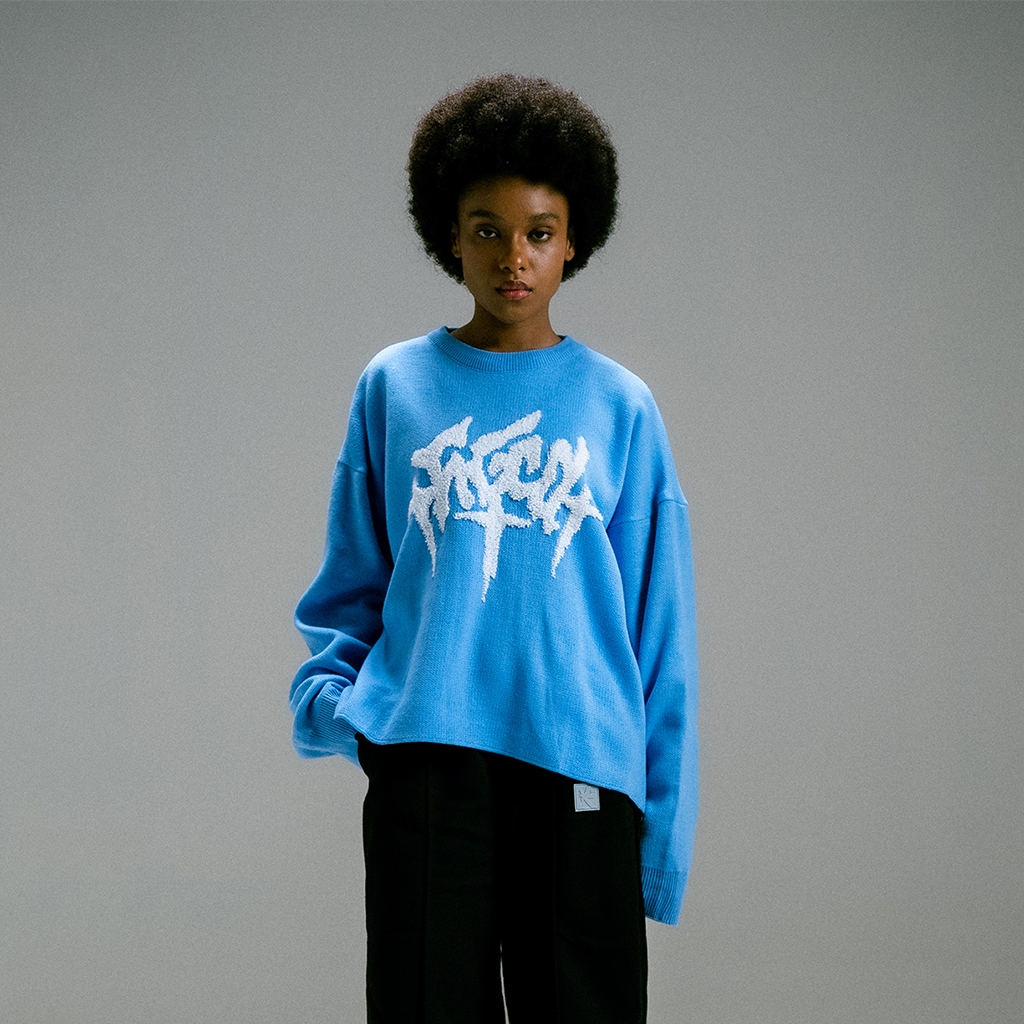 Figco - Knitted Boxy Crewneck 3D Knitwear Sweatshirt Blake Sky Blue