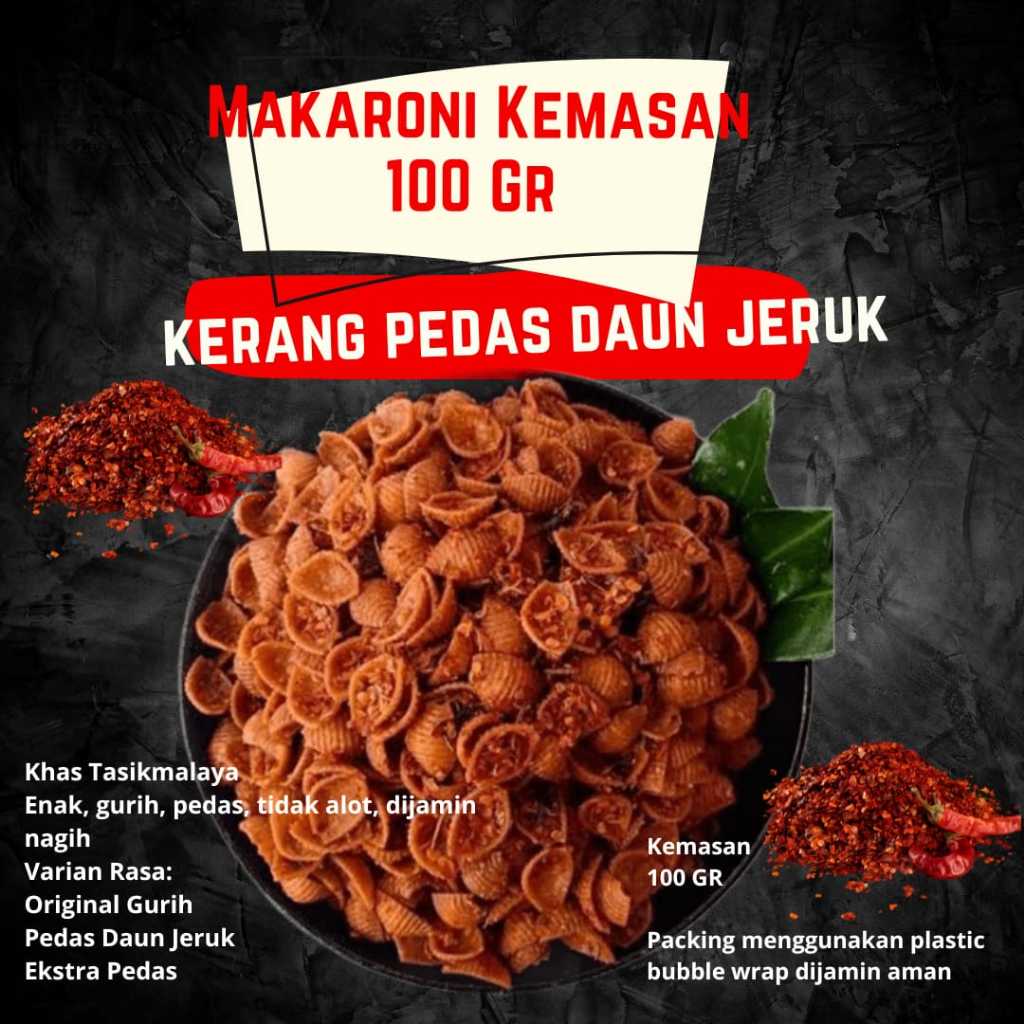 

MAKARONI KERANG 100 GR, PEDAS DAUN JERUK, ENAK, GURIH, PEDAS NAGIH TIDAK ALOT