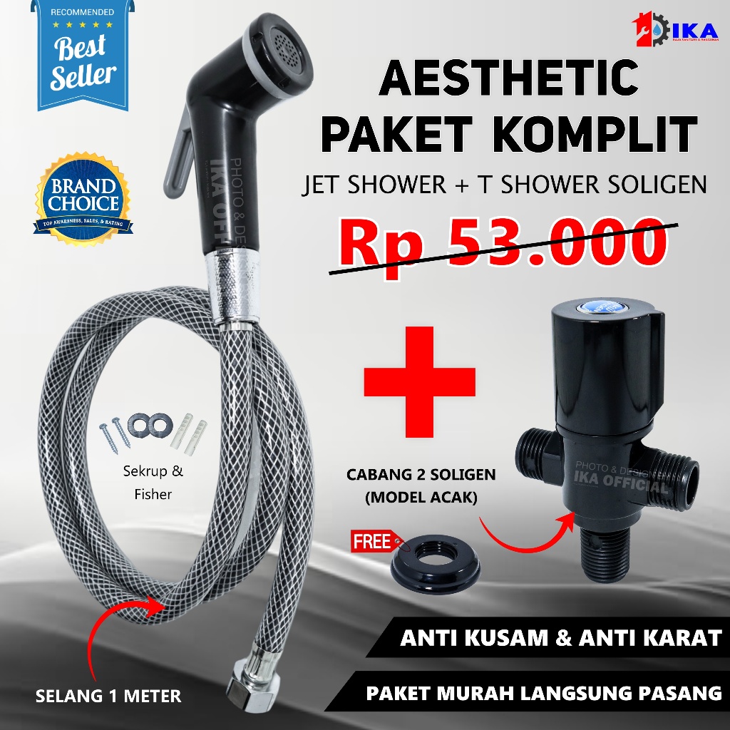 Jet Shower Closet Set Stop Kran Cabang Black Hitam 1 Paket Komplit Toilet Duduk Bidet Hitam + Kran