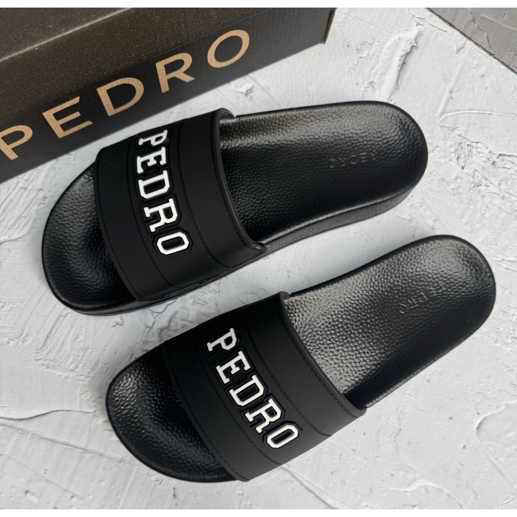 sandal slip on premium MIROR hitam tulisan putih