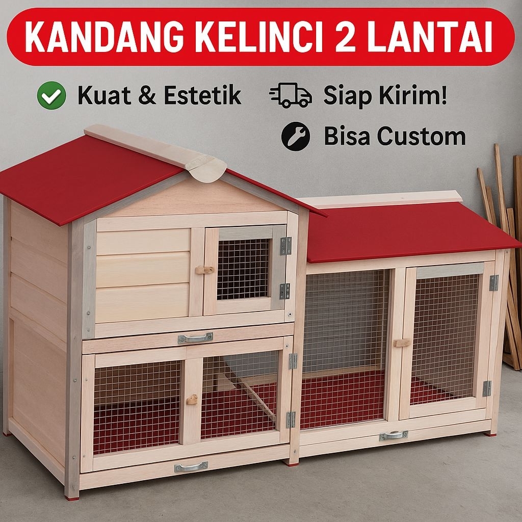 Kandang Kelinci Kayu 2 Lantai Atap Merah | Kandang Hewan Estetik Outdoor Indoor