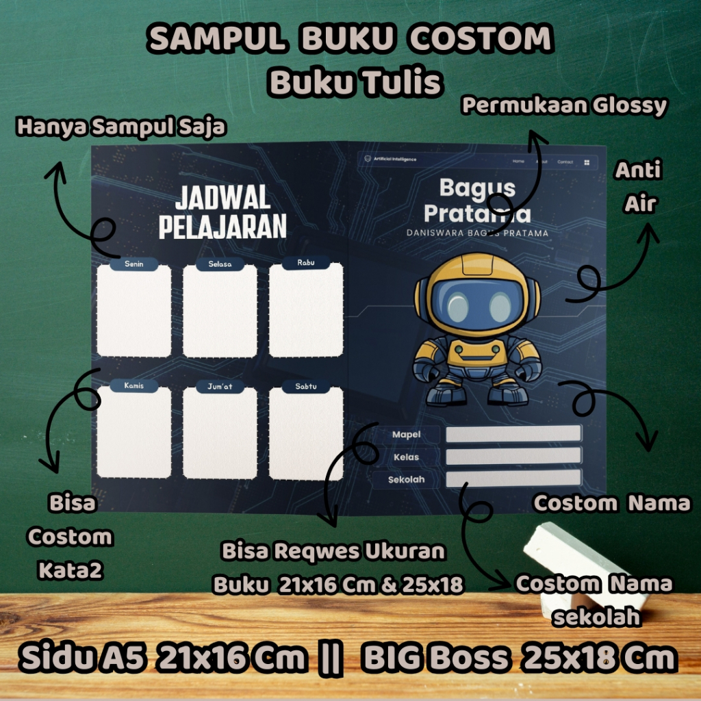 

Sampul Buku Custom (Nama, Nama Sekolah, Kelas & No Absen) Isi 1 Pcs/ Cover Buku/ Sampul Buku Kecil Standart/ Sidu