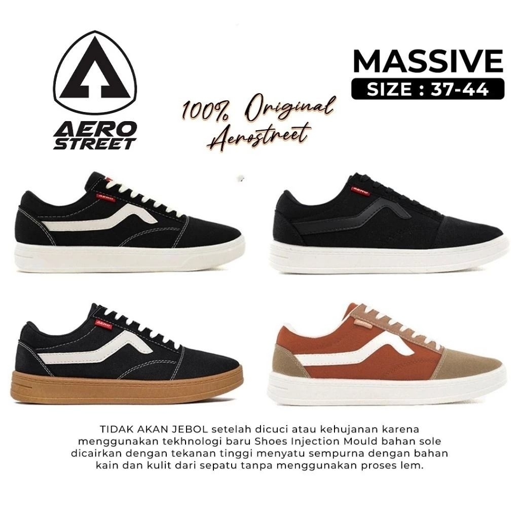 Aerostreet Massive Low 2.0 Black, Size 37-44, Sepatu Snikers.