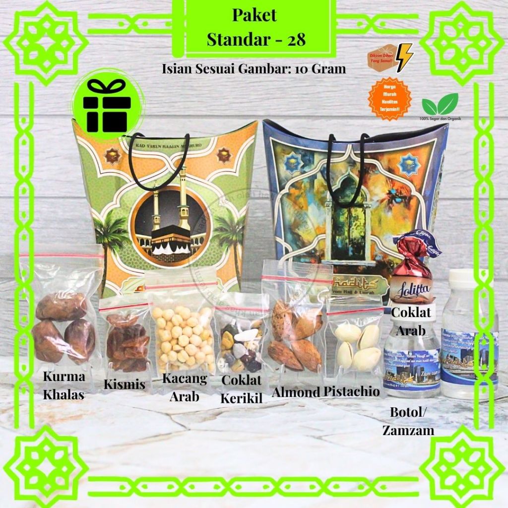 

Paket Oleh Oleh Haji dan Umroh Ekonomis isi 10gr + tasbih + Zamzam + Aneka Kacang dan Coklat Arab Dus Tali Jinjing
