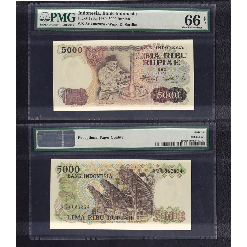 Uang kuno PMG 66 EPQ - Uang kuno 5000 rupiah tahun 1980 Pengasah Intan S/N→ SEY062824