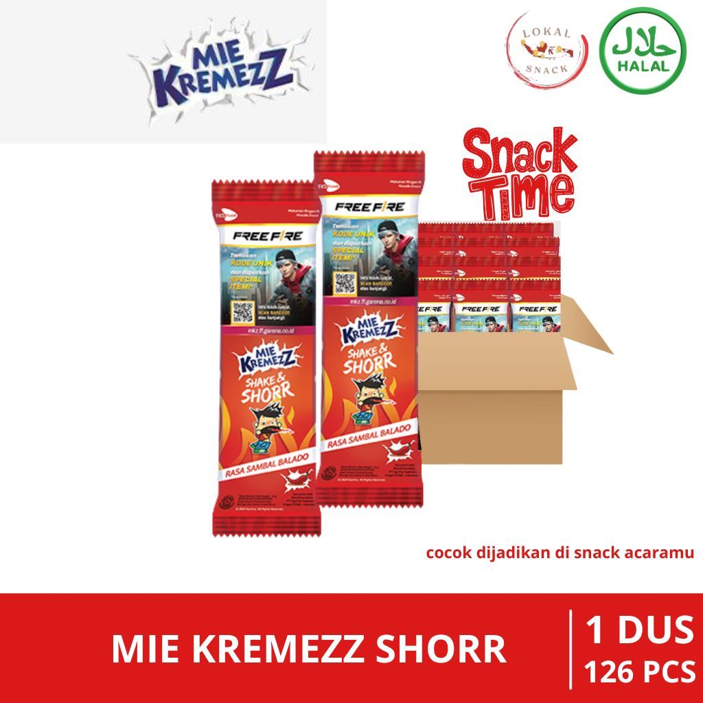 

Mie Kremezz Shorr - Sambal Balado - 1 Karton (6box) - 126 Pcs - 30gr / Snack