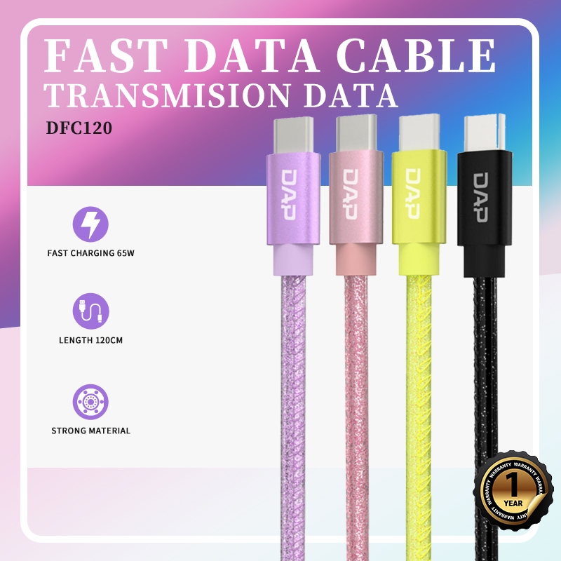Kabel data DAP DFC120 65W transfer data berkecepatan tinggi Tipe C ke Tipe C Kabel data pengisian ce