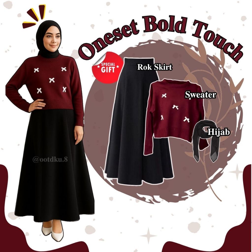 Kekinian 3in1 Wanita Hijab OOTD (Sweater+Rok+Hijab) Oneset Bold Touch Warna Gelap Yang Memberi Kesan