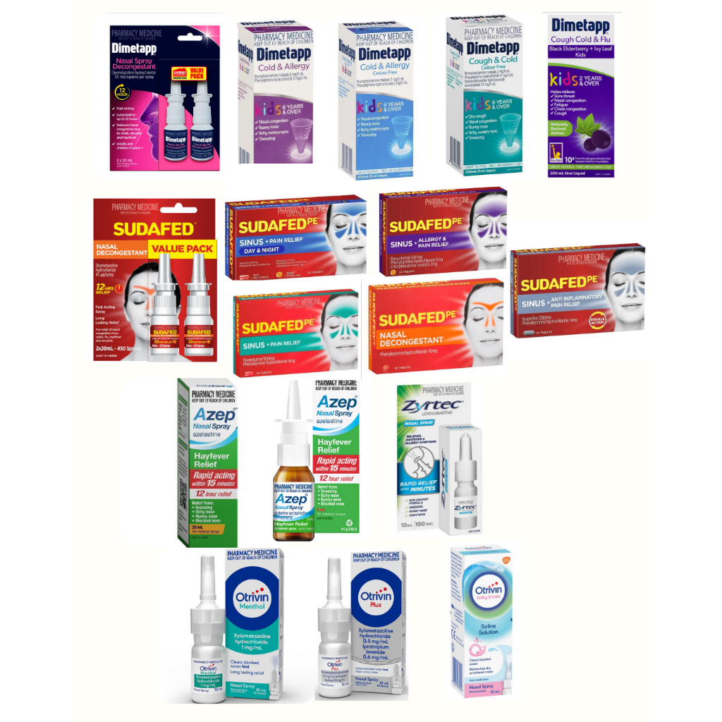 Dimetapp/sudafed/azep/otrivin/zrytec obat flu & alergi, spray hidung mampet, gatal, bersin, obat sin