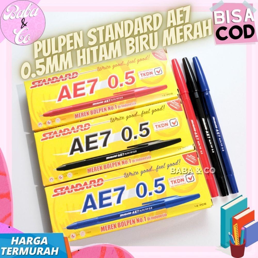 

1 BOX 12pcs PULPEN STANDARD AE7 0.5 PULPEN LUSINAN PEN STANDARD 1 BOX 12pcs AE7 0,5 BOLPOIN MERAH BIRU HITAM