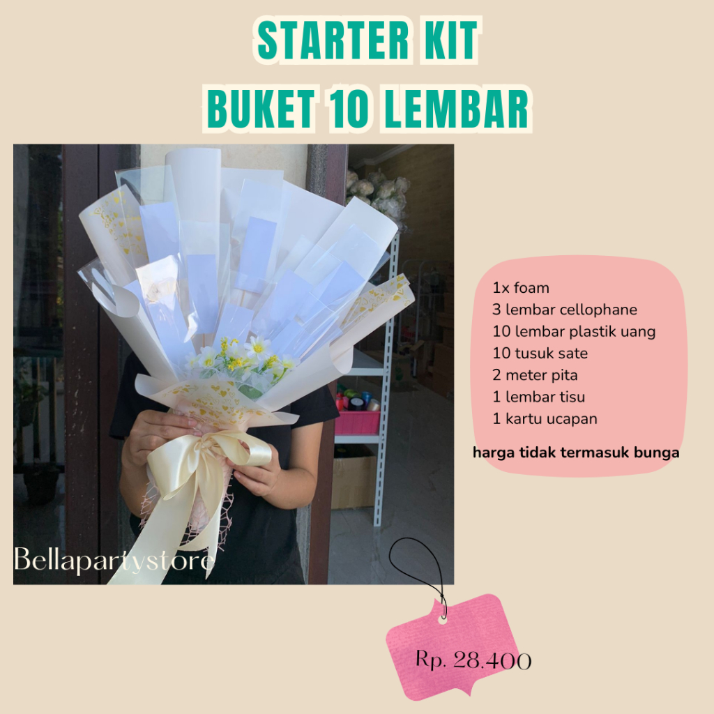 paket Starter Kit Buket Uang 10 Lembar – Bahan Lengkap DIY Buket Uang Hadiah (Foam, Plastik, Pita, d
