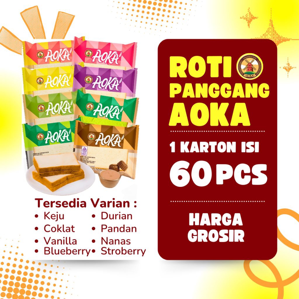 

Roti Panggang Aoka 1 Dus Isi 60pcs – Coklat, Keju, Pandan, Stroberi – Harga Grosir Murah