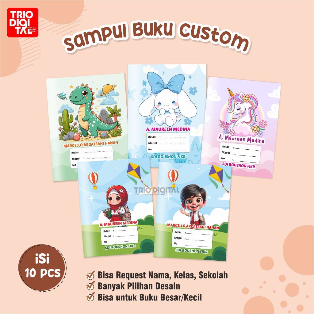 

(isi 10pcs) Sampul Buku Custom Nama, Cover buku kartun, Sampul buku TK SD SMP SMA
