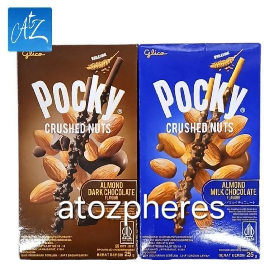

Biskuit stik salut cokelat coklat paduan susu hitam dengan butiran kukis kacang halal MUI Glico Pocky CRUSHED NUTS Almond & Cookie Bits Dark Milk Chocolate Flavor Flavour Biscuit Stick Sticks kemasan kotak 25g