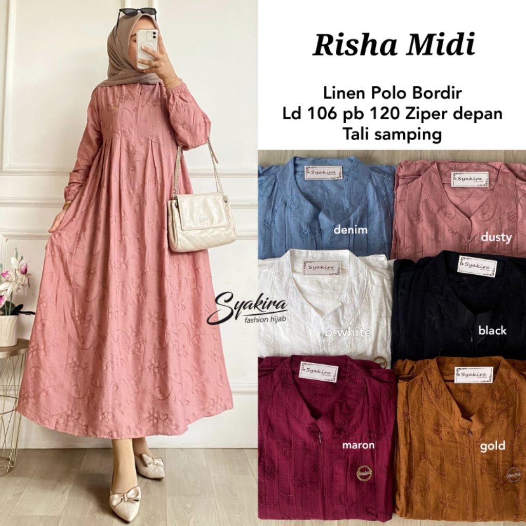 Gamis Midi Dress Polo Linen Bordir Risha by SYAKIRA