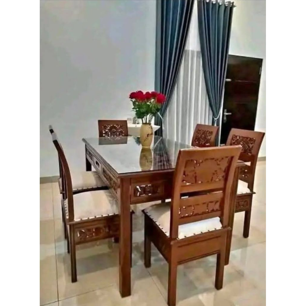 meja makan jati ukir minimalis kayu jati plus kaca