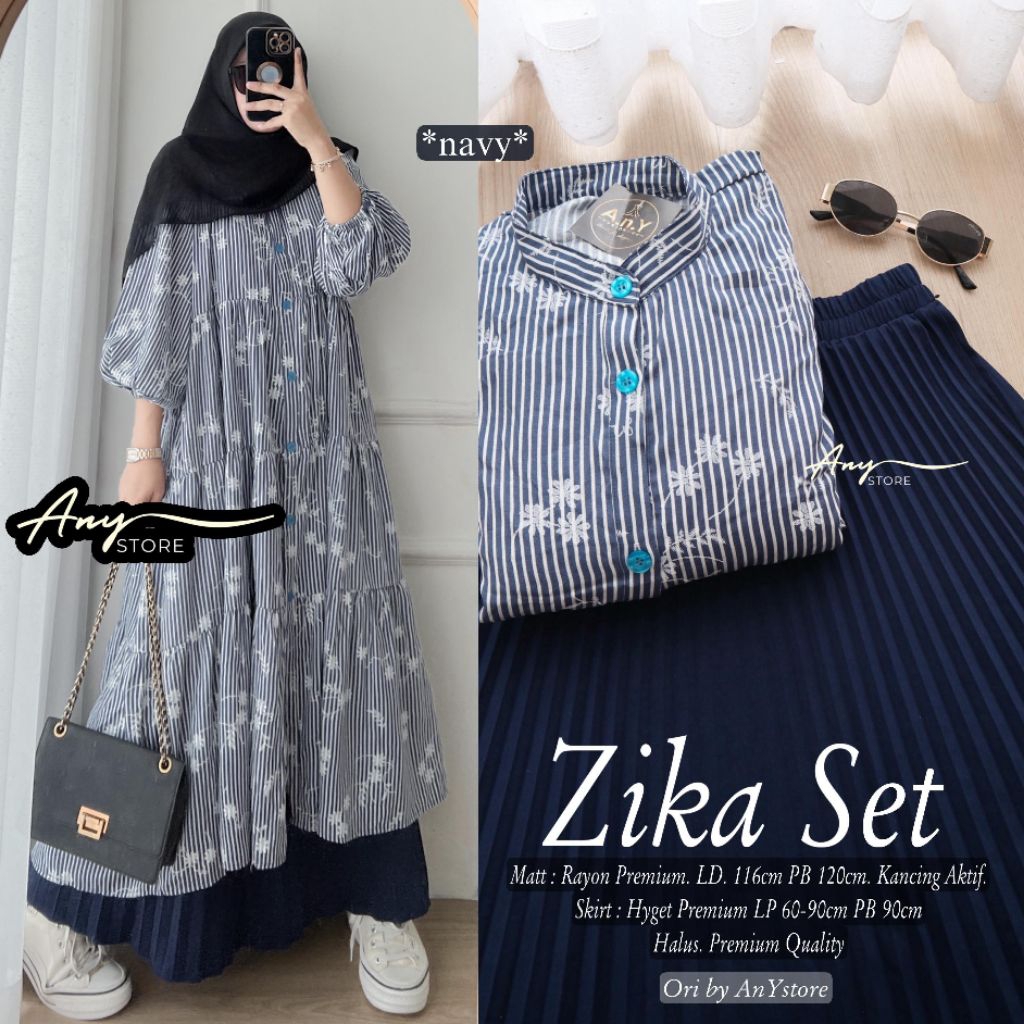 Setelan rok plisket & long tunik katun stripe