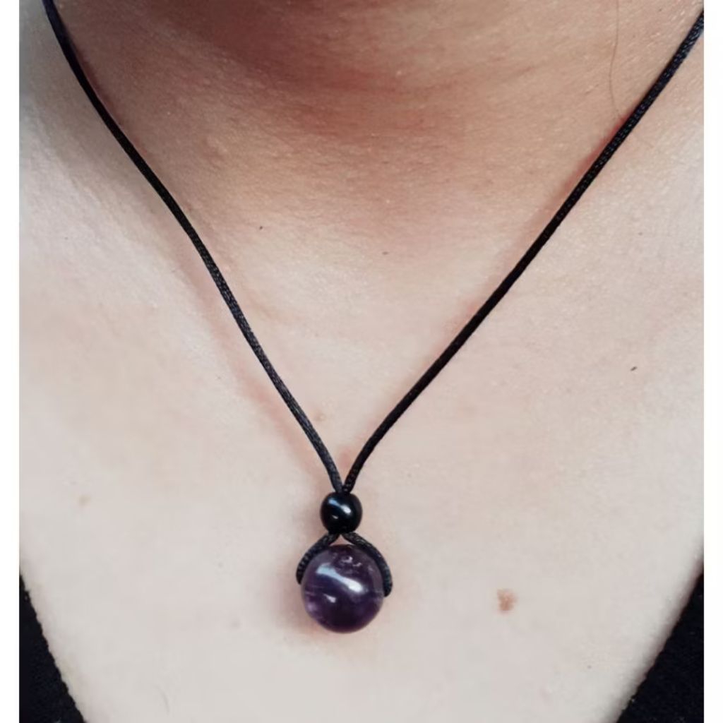 kalung simpel batu akik asli kecubung wulung bulat 12 mm