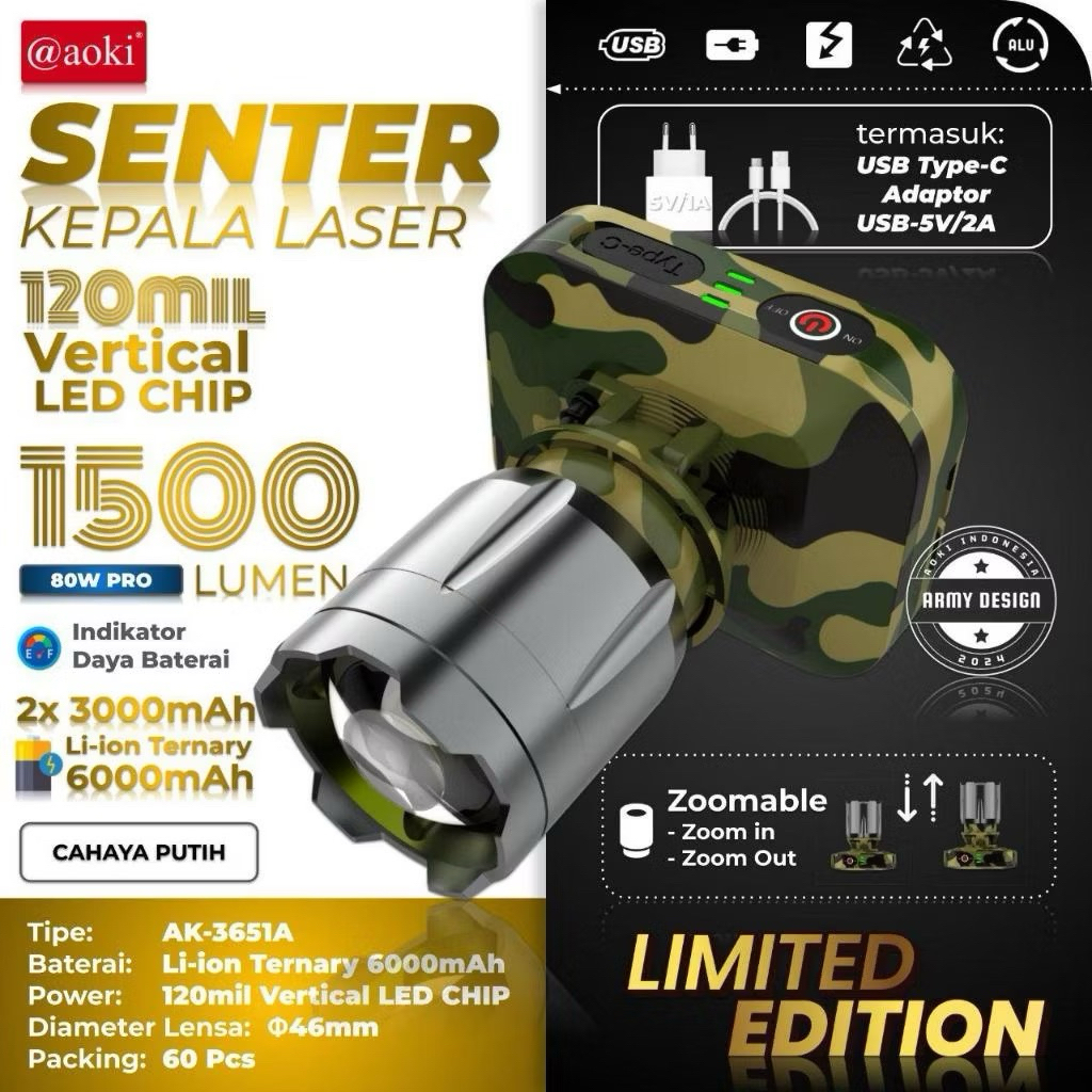 Aoki Senter kepala  Led Zoom 80W 1500Lumen Aoki Ak-3651A-Cahaya Putih