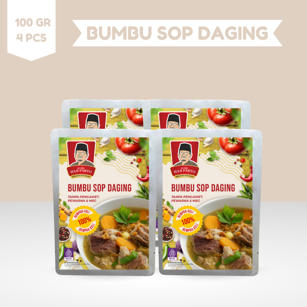 

Paket 4 PCS Bumbu Sop Haji Parto 100 gram - Tanpa MSG & Tanpa Pengawet