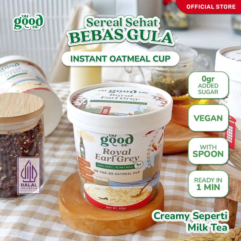 

The Good Co. Instant Oatmeal dalam Cup - Oatmeal "ENAK BANGET" Tanpa GULA - Royal Earl Grey 60 g | Aroma Milk Tea | VEGAN