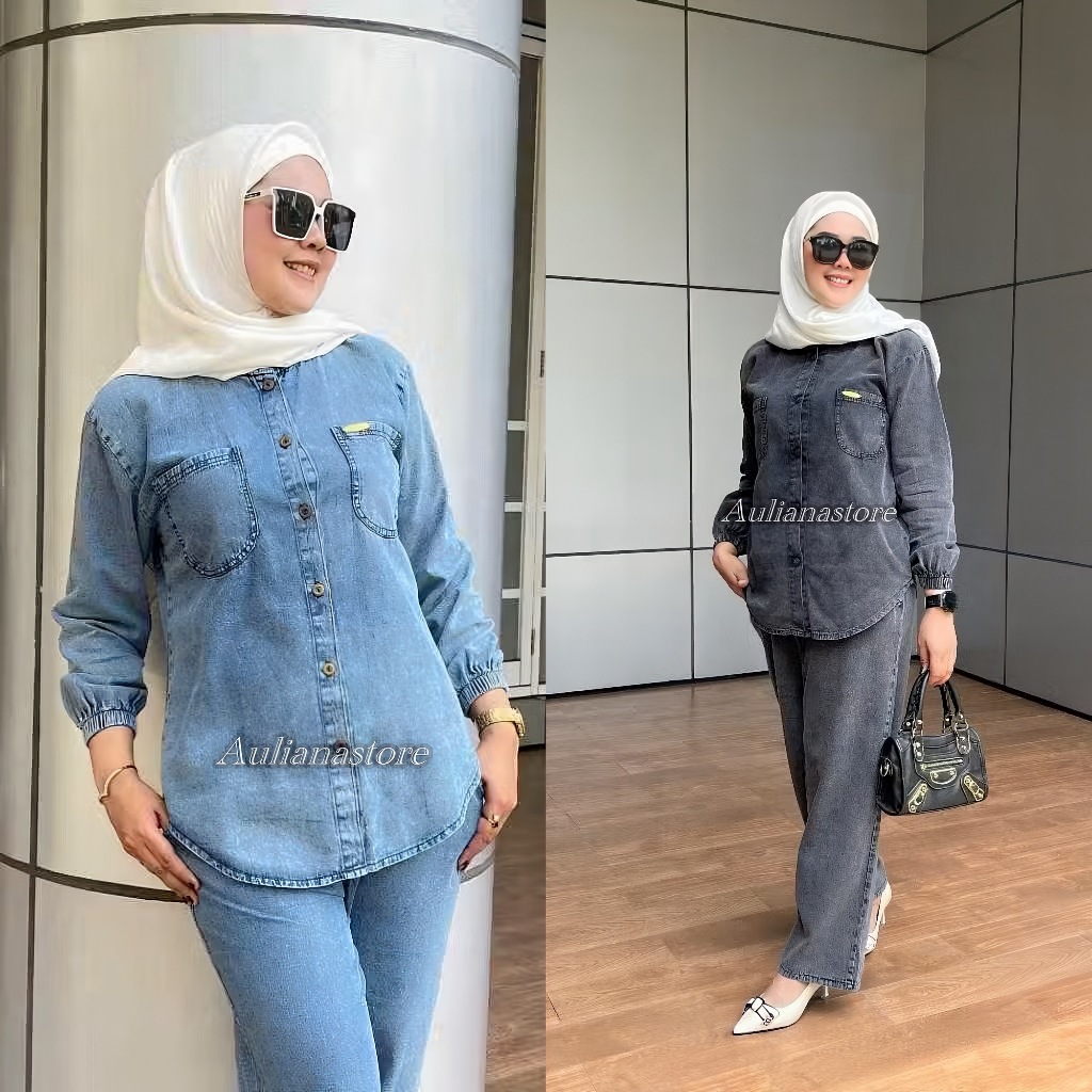 One Set Jeans Aldira Baju Setelan Wanita Jumbo Ld 110 120 130 Terbaru/Setelan Jeans Wanita Atasan To