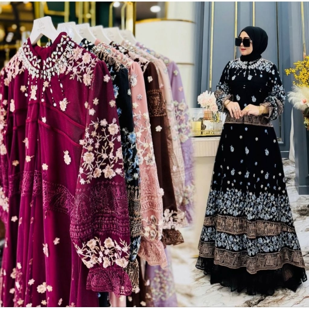 Zifa Fashion || Cod || Nessa Dress+Hijab By Asopuroh || Gamis Set Pashmina Bahan Brukat Malika Aksen