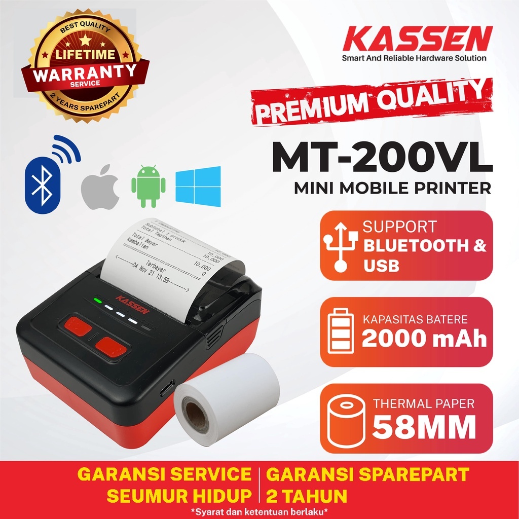 Mini Printer Thermal Bluetooth KASSEN MT200VL Portabel