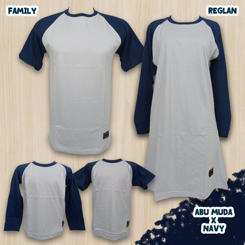 KAOS POLOS RAGLAN COWO CEWE ANAK COUPLE KELUARGA WARNA ABU MUDA NAVY COTTON COMBED BAHAN ADEM SERAGA