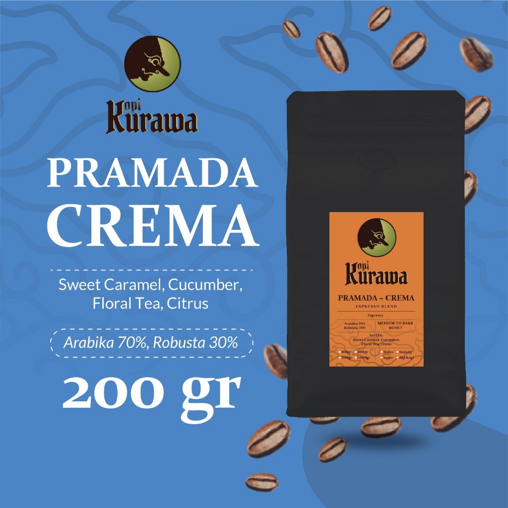 

Kopi Crema Espresso Blend Pramada Coffee Roasted Bean Biji Bubuk 200gr