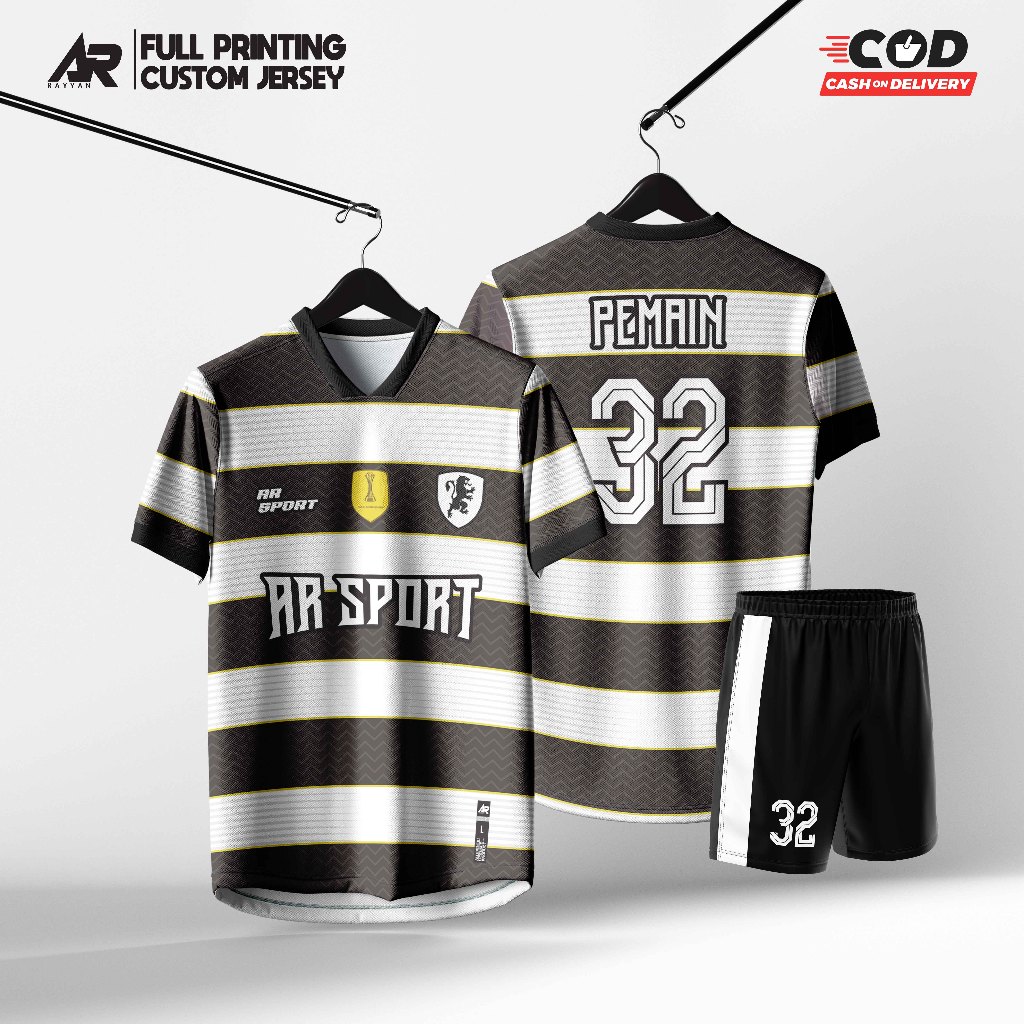 BAJU KAOS FUTSAL / SEPAK BOLA / VOLI / OLAHRAGA / BADMINTON SATU SET HITAM PUTIH KEREN FULL PRINTING