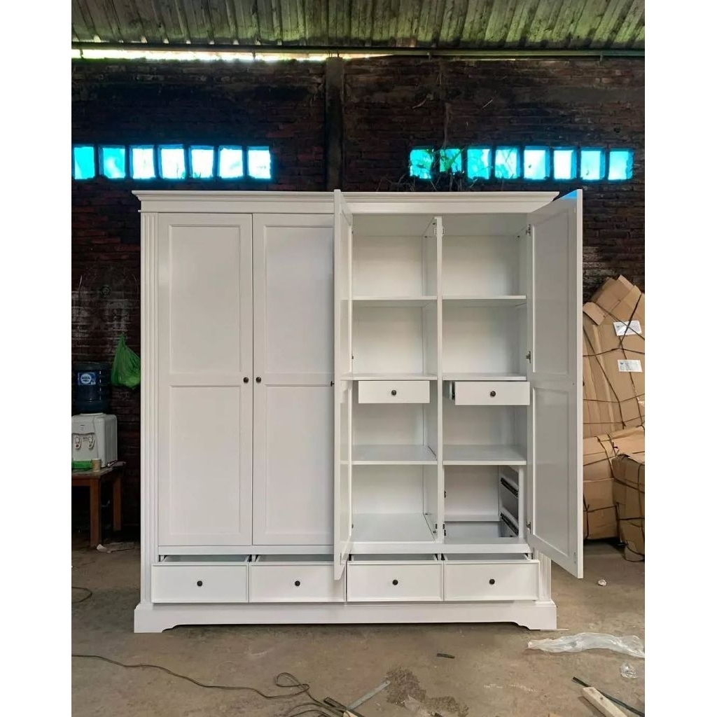 Lemari Pakaian Kayu Jati 4 Pintu 4 Laci Minimalis Putih – Lemari Baju Besar | Lemari Baju 4 Pintu Mi