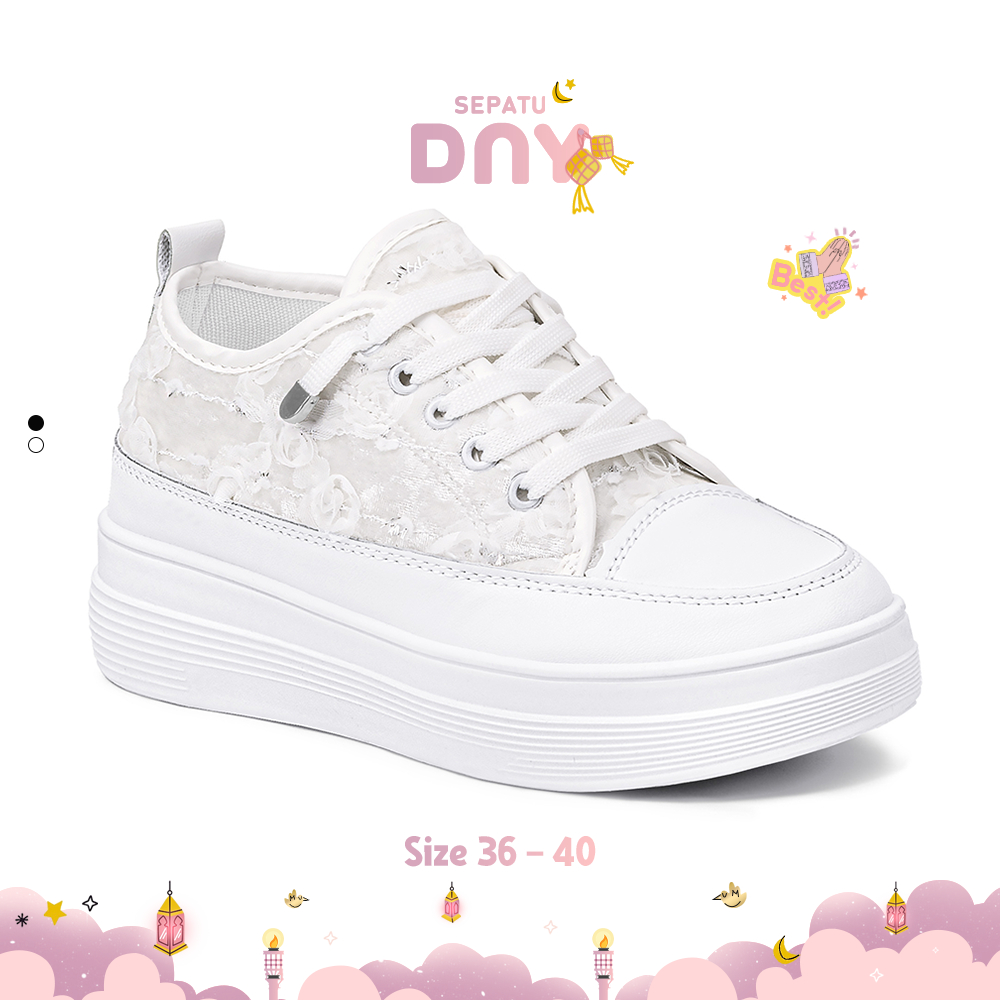 Sepatu DNY Sneakers Tinggi Wanita Kekinian Sepatu Brukat Women Shoes Casual Selop Putih Cewek 0490