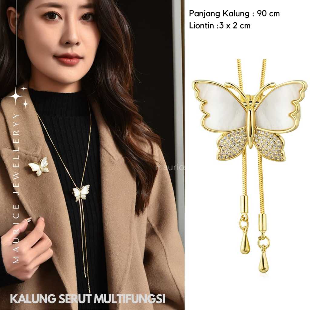 Kalung Wanita Hijab Serut Rantai Panjang Multifungsi Liontin Kupu Putih Diamond Imitasi