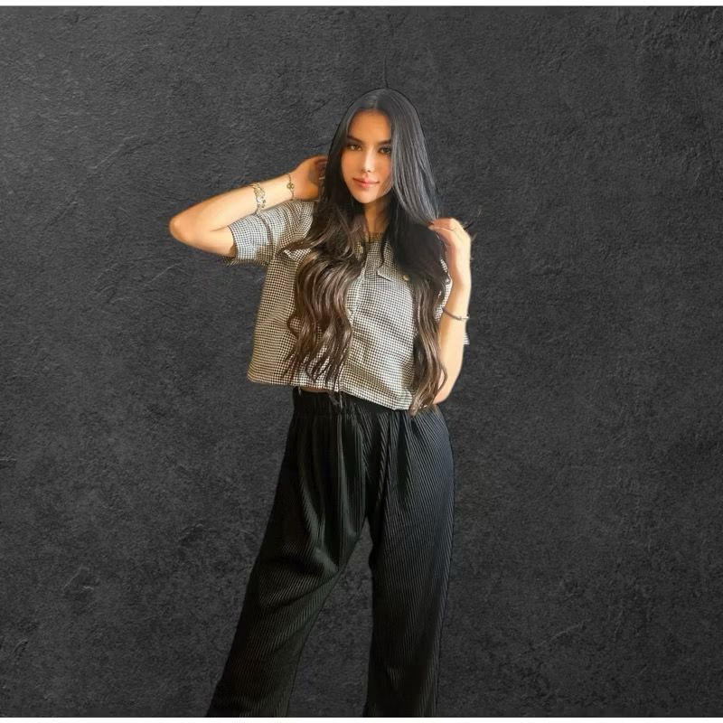 AVRIL ONE SET / KEMEJA CROP TARTAN WITH KULOT HIGHWAIST CRINKLE BAJU SATU SET WANITA LENGAN PENDEK C