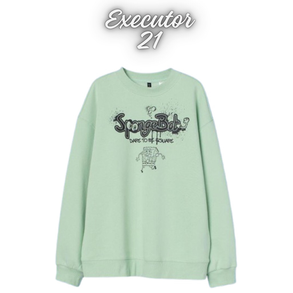 Crewneck Sweatshirt HM Unisex Spongebob Hijau Mint Katun Fleece