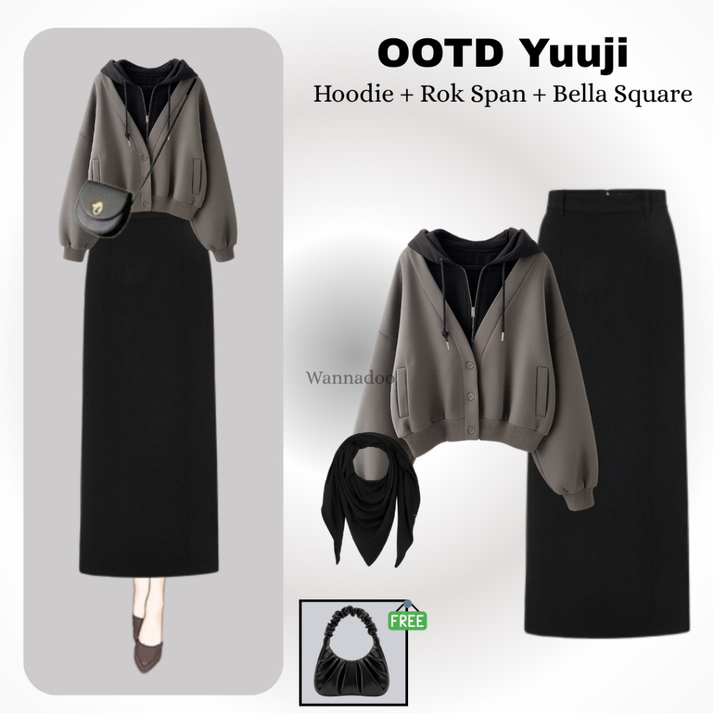 Yuu-ji Set Outfit Bukber Remaja ( Hoodie + Rok Span + Jilbab ) One Set Wanita Setelan Hangout OOTD