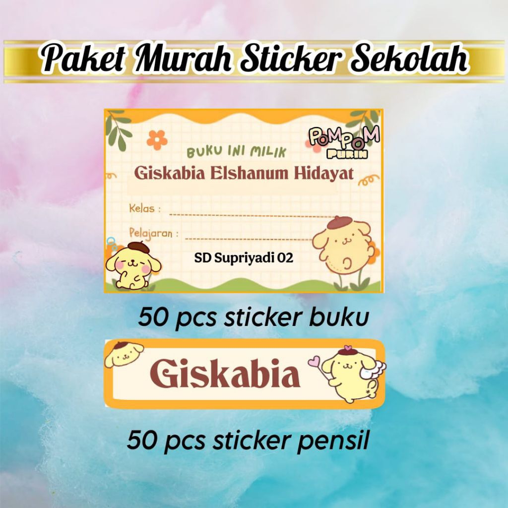 

(ISI 100 PCS) STICKER BUKU SEKOLAH + STICKER PENSIL MOTIF POMPOM PURIN