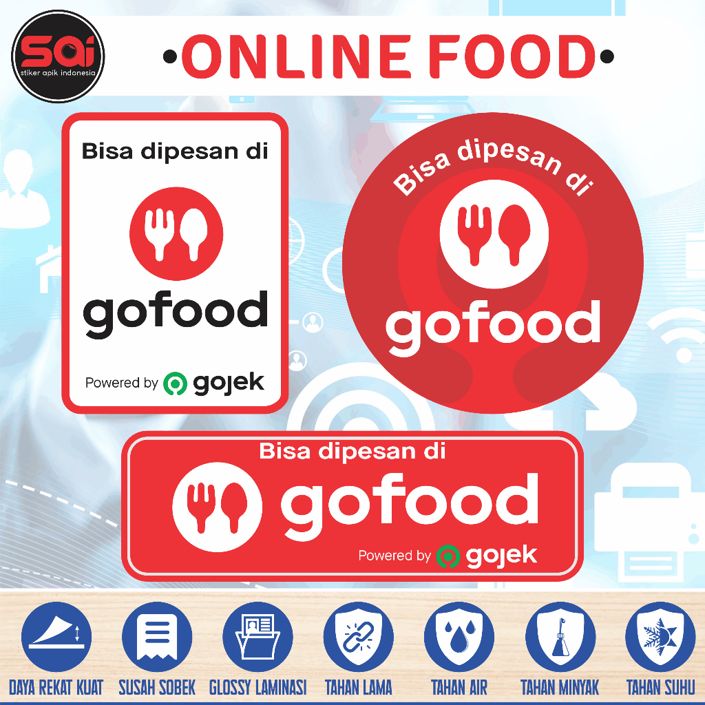 stiker vinyl anti air water proof ONLINE FOOD BISA DIPESAN DI GOFOOD laminasi gloosy