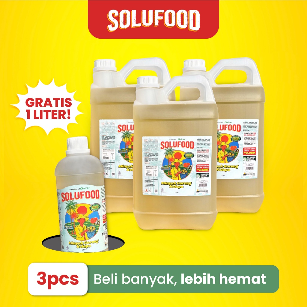 

PROMO Minyak Goreng Kelapa Solufood 5 Liter Isi 3 GRATIS 1L - Virgin Coconut Oil