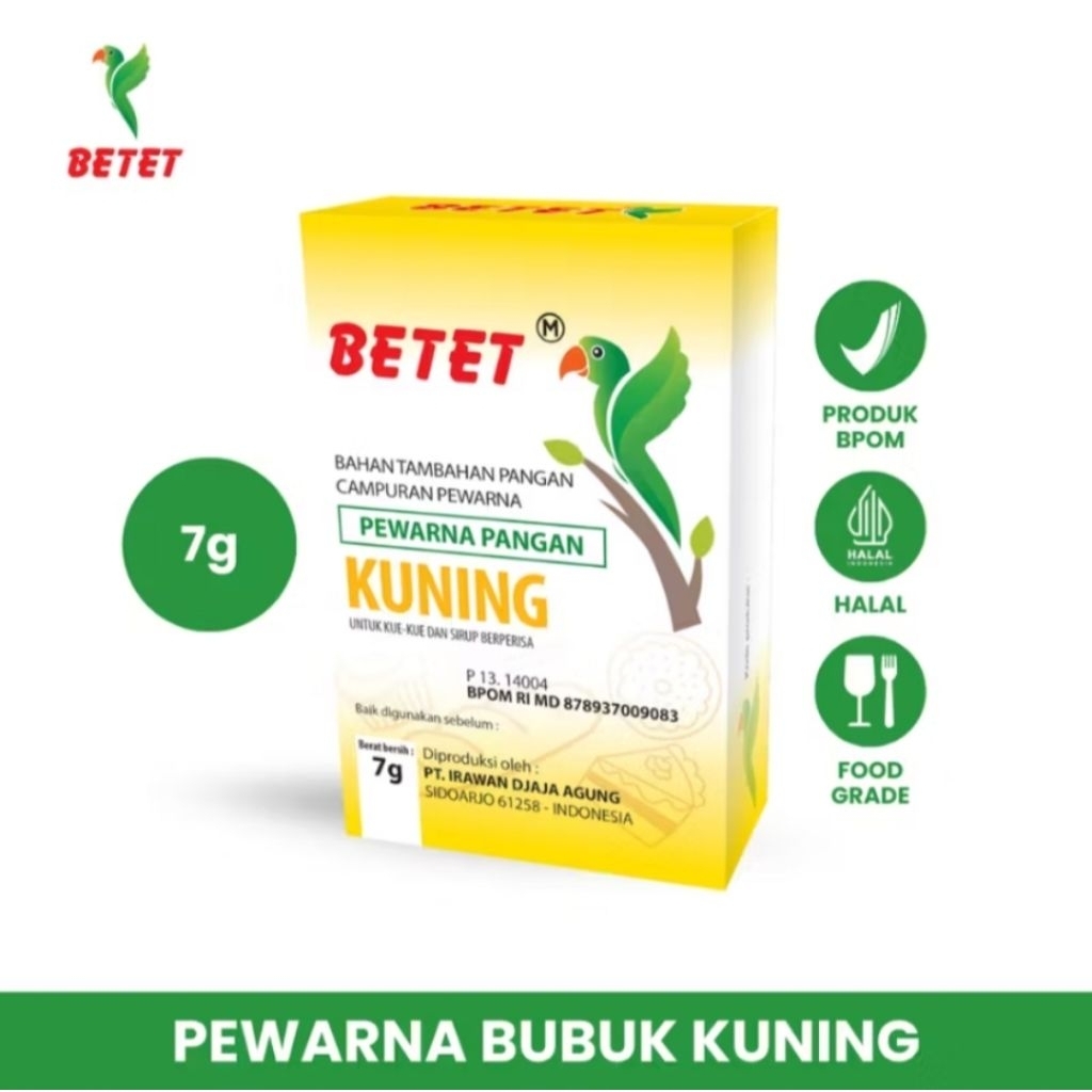 

BETET - Pewarna Pangan Bubuk Hijau, Kuning, Merah 7g | Pewarna Makanan BPOM, Halal & Food Grade untuk Kue & Minuman